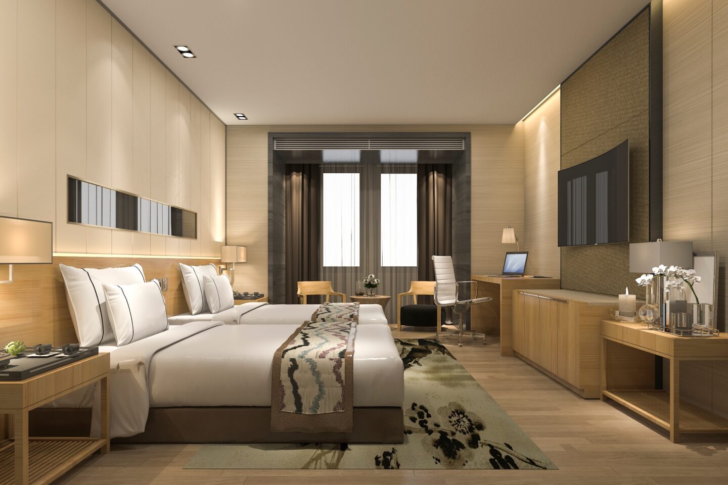 3d rendering luxury modern bedroom suite in hotel and resort