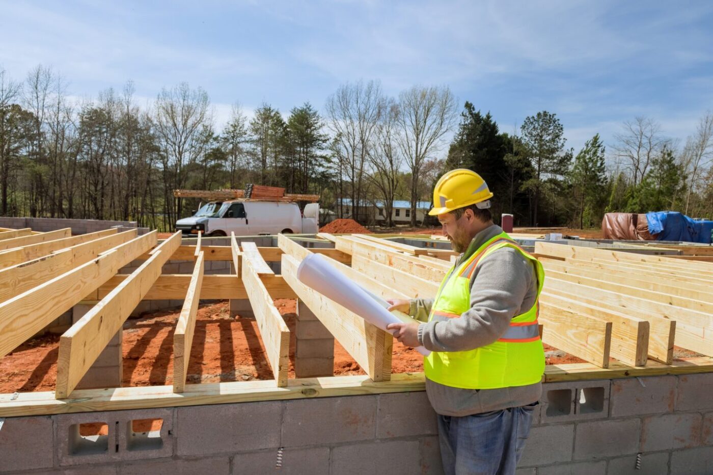 Construction engineers check a construction of new homes using construction blueprint plans