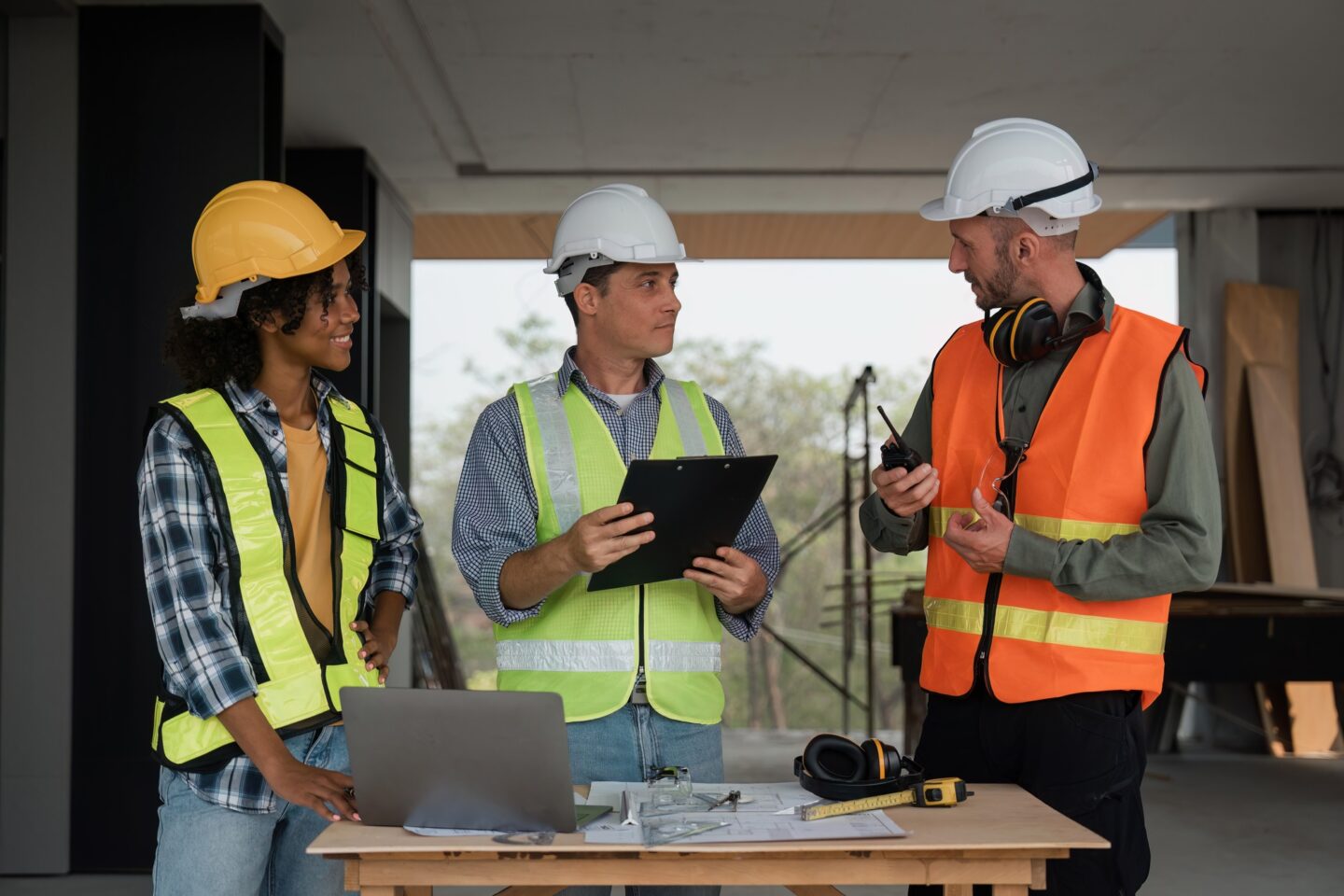 Architect team working with blueprints for architectural plan, engineer sketching a construction